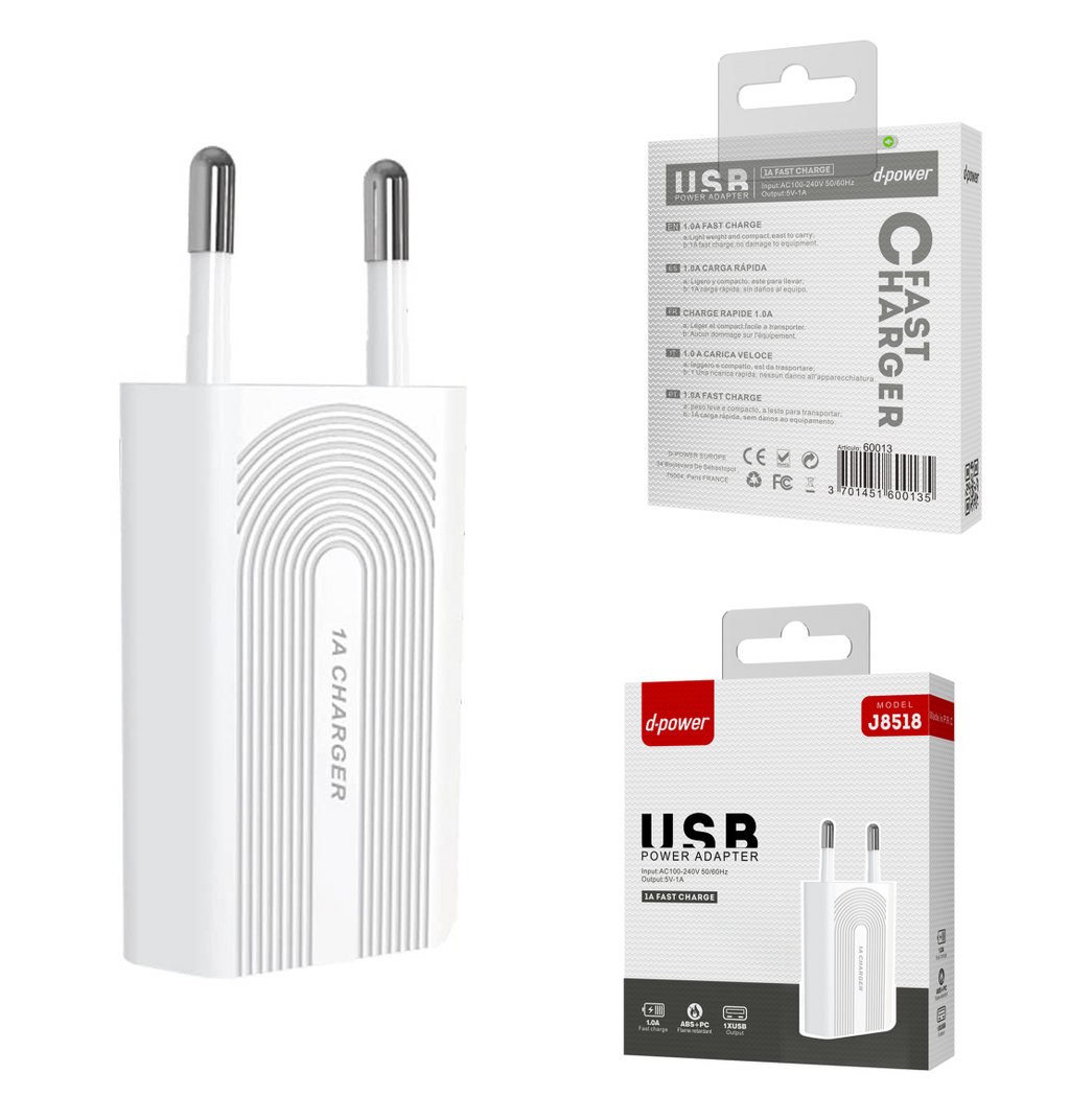 Prise chargeur secteur pour câble USB 1A 5v d-power