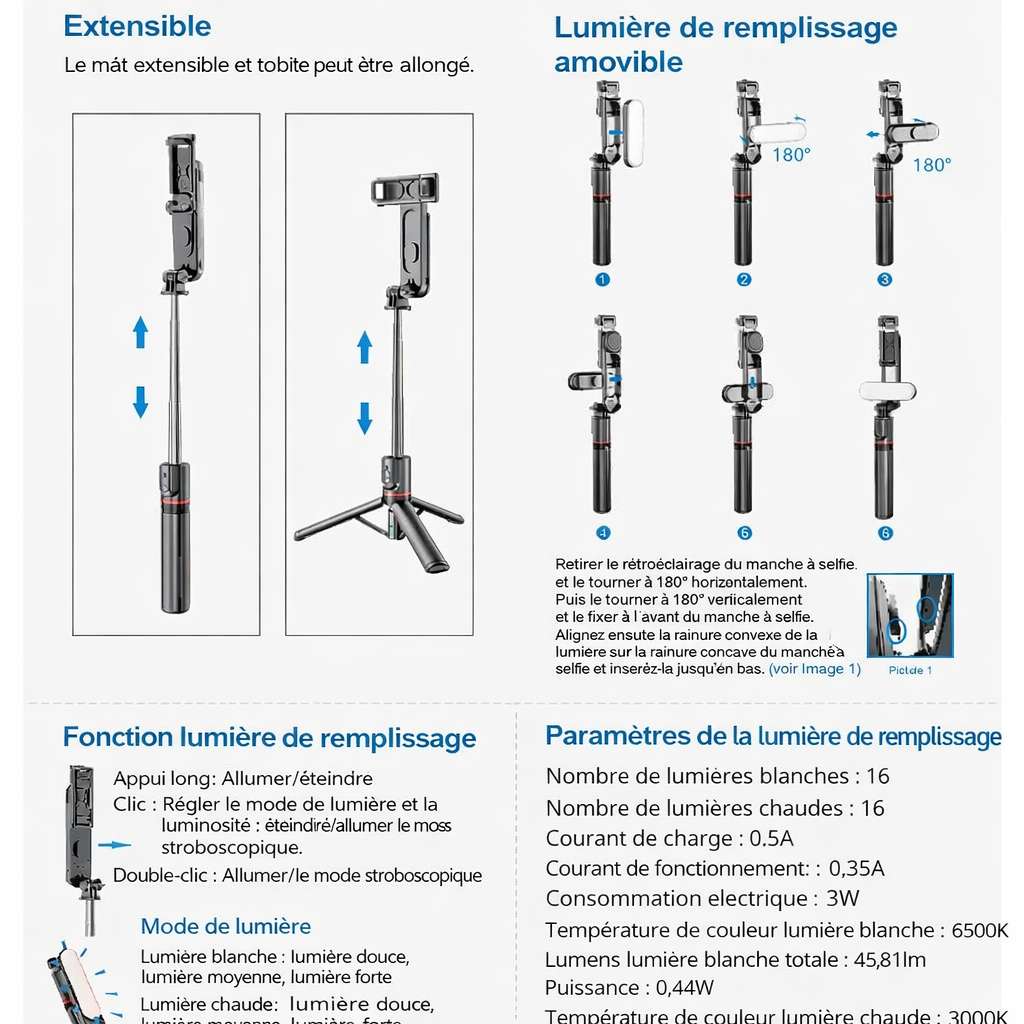 Perche à Selfie avec Trépied pour téléphone et GoPro