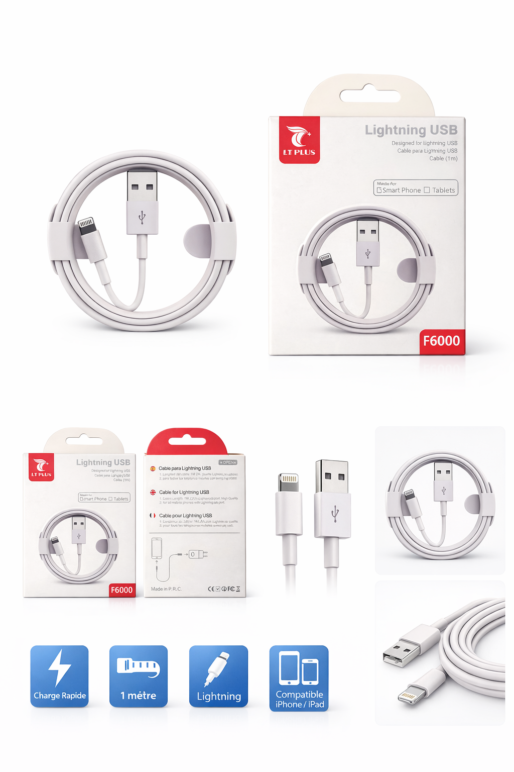 Câble chargeur 1m téléphone iPhone / iPad USB | Lightning qualité supérieur