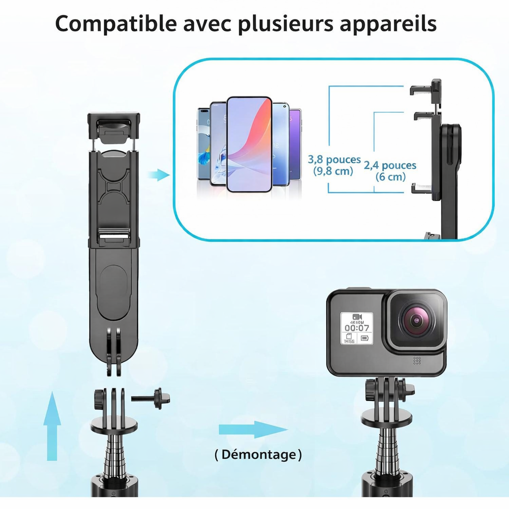 Perche à Selfie avec Trépied pour téléphone et GoPro