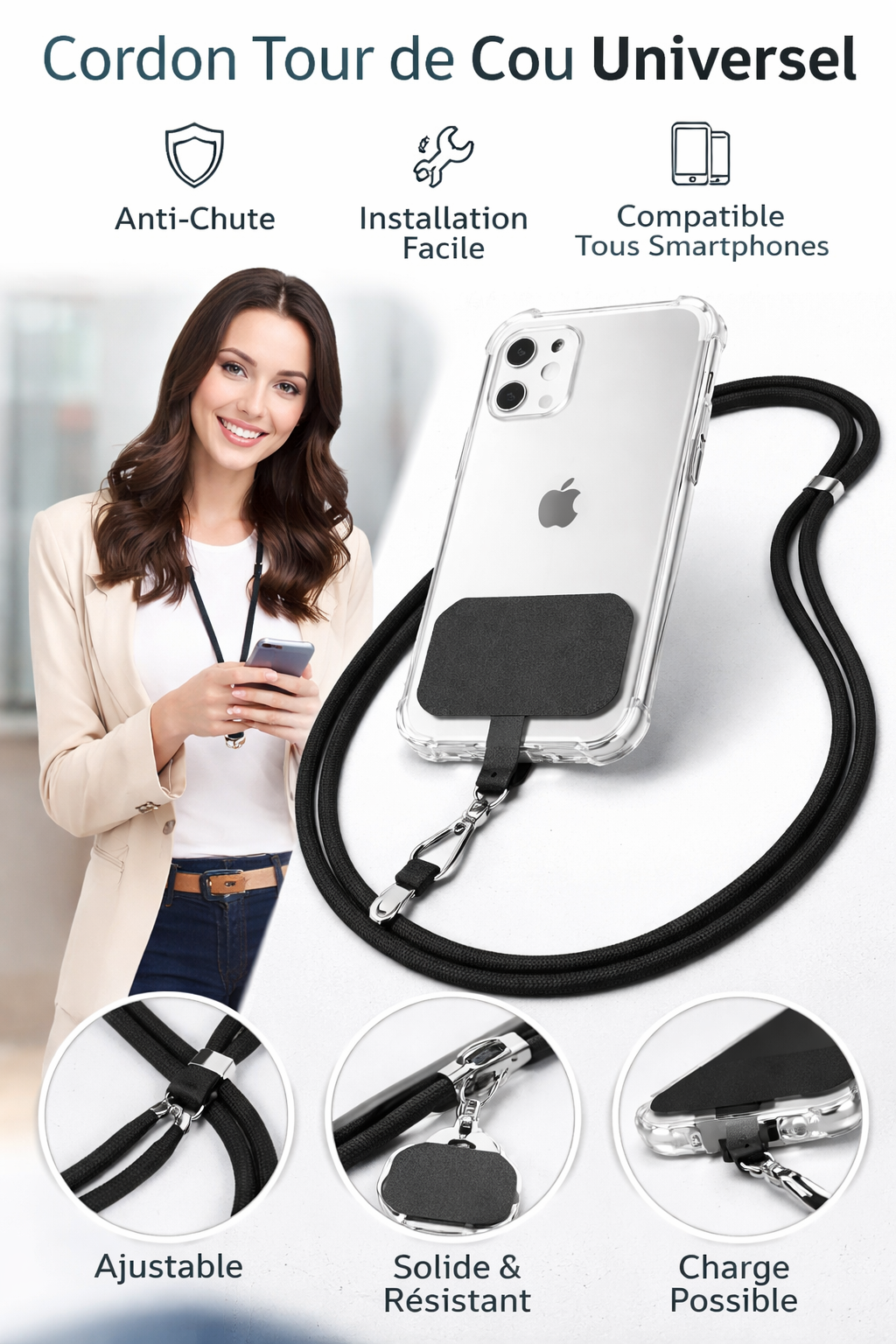 Lanière sangle Cordon Tour de Cou Universel pour téléphone – Mains Libres et Anti-Chute iPhone | Samsung