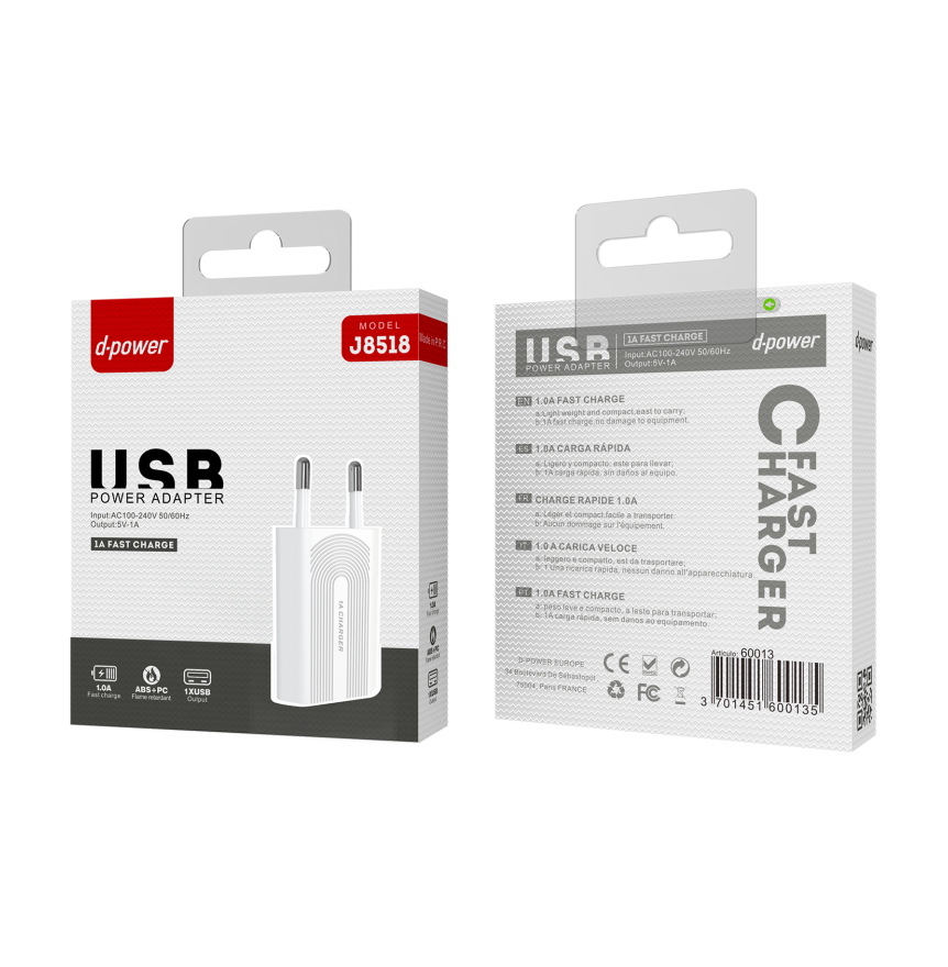 Prise chargeur secteur pour câble USB 1A 5v d-power