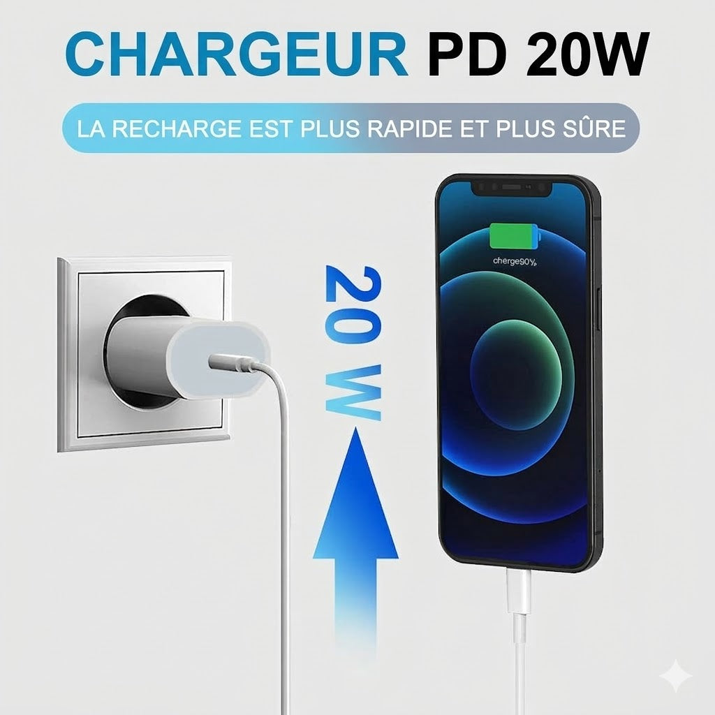 Chargeur pour Apple iPhone rapide 20W 3A USB TYPE C + câble Lightning  1m