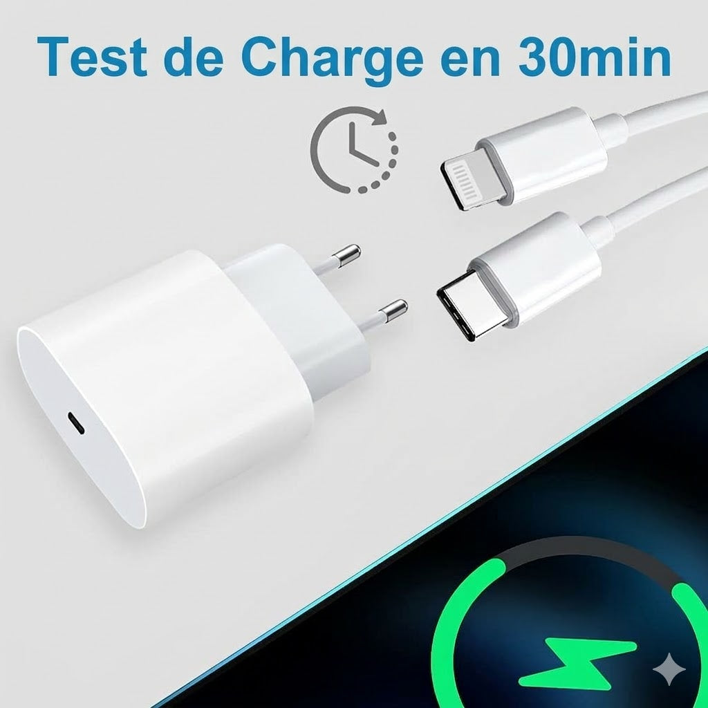 Chargeur pour Apple iPhone rapide 20W 3A USB TYPE C + câble Lightning  1m